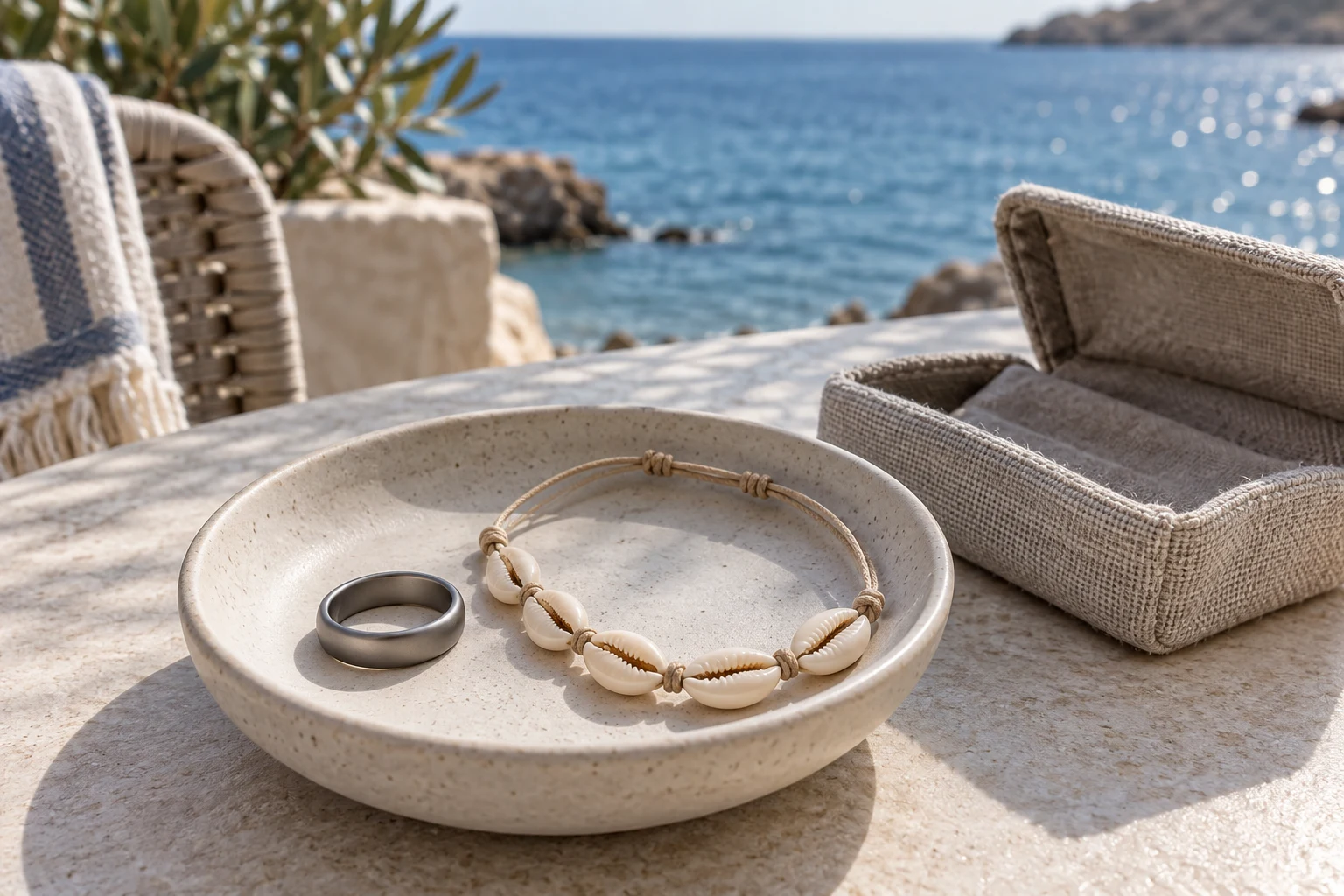 Bague grise et collier de cauris dans une coupelle, près d’un étui face à la mer
