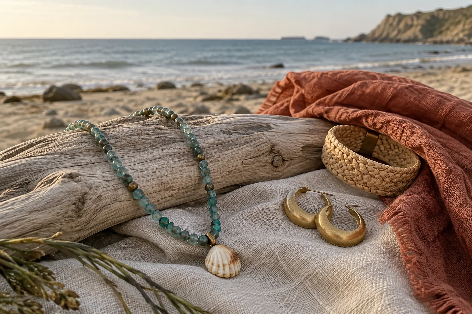 Collier turquoise à pendentif coquillage, créoles en laiton et bracelet tressé sur du lin au bord de la mer