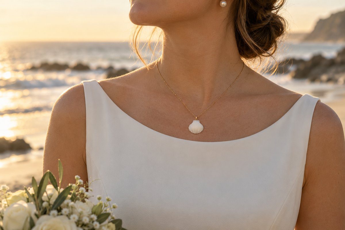 Mariée en robe ivoire portant un petit pendentif coquille Saint-Jacques sur chaîne dorée fine