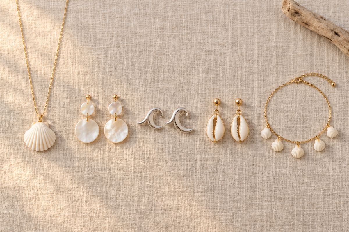 Cinq bijoux marins à plat sur du lin : coquille, nacre, vague, cauris, cheville