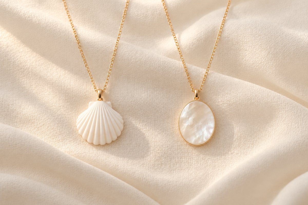 Pendentif coquille blanc pur et pendentif nacre crème posés sur tissu ivoire