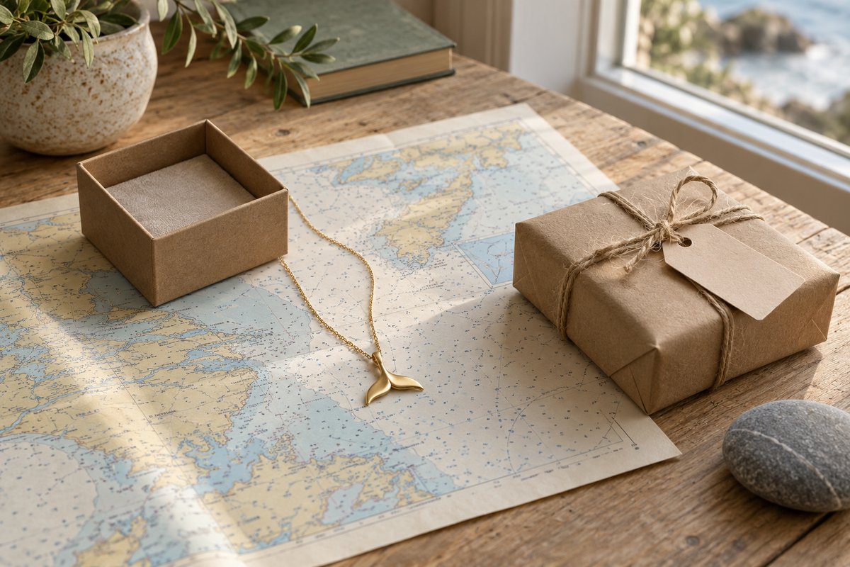 Carte marine dépliée avec pendentif queue de baleine doré et paquet en papier kraft