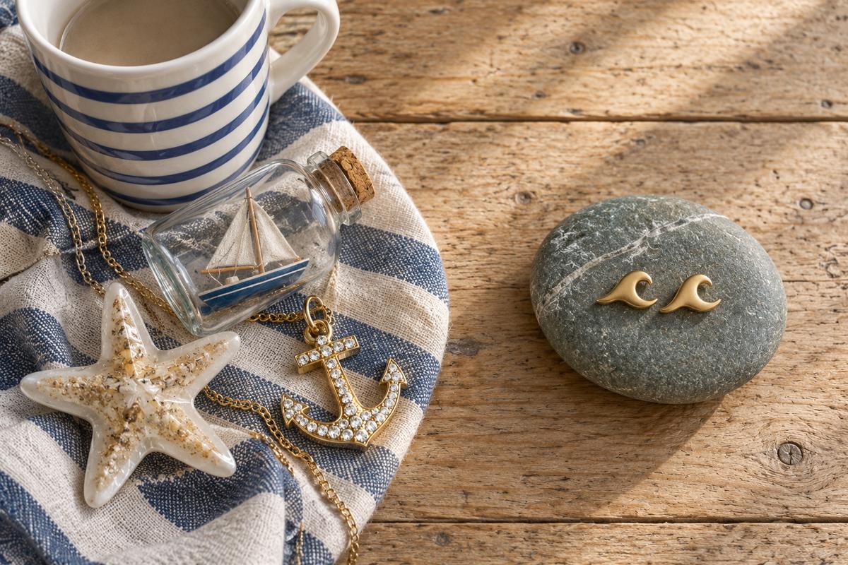 Objets marins clichés à gauche, boucles d’oreilles vague discrètes à droite