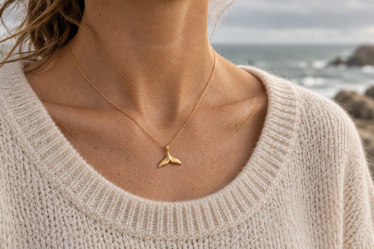 Petit pendentif queue de baleine doré porté au creux de la clavicule