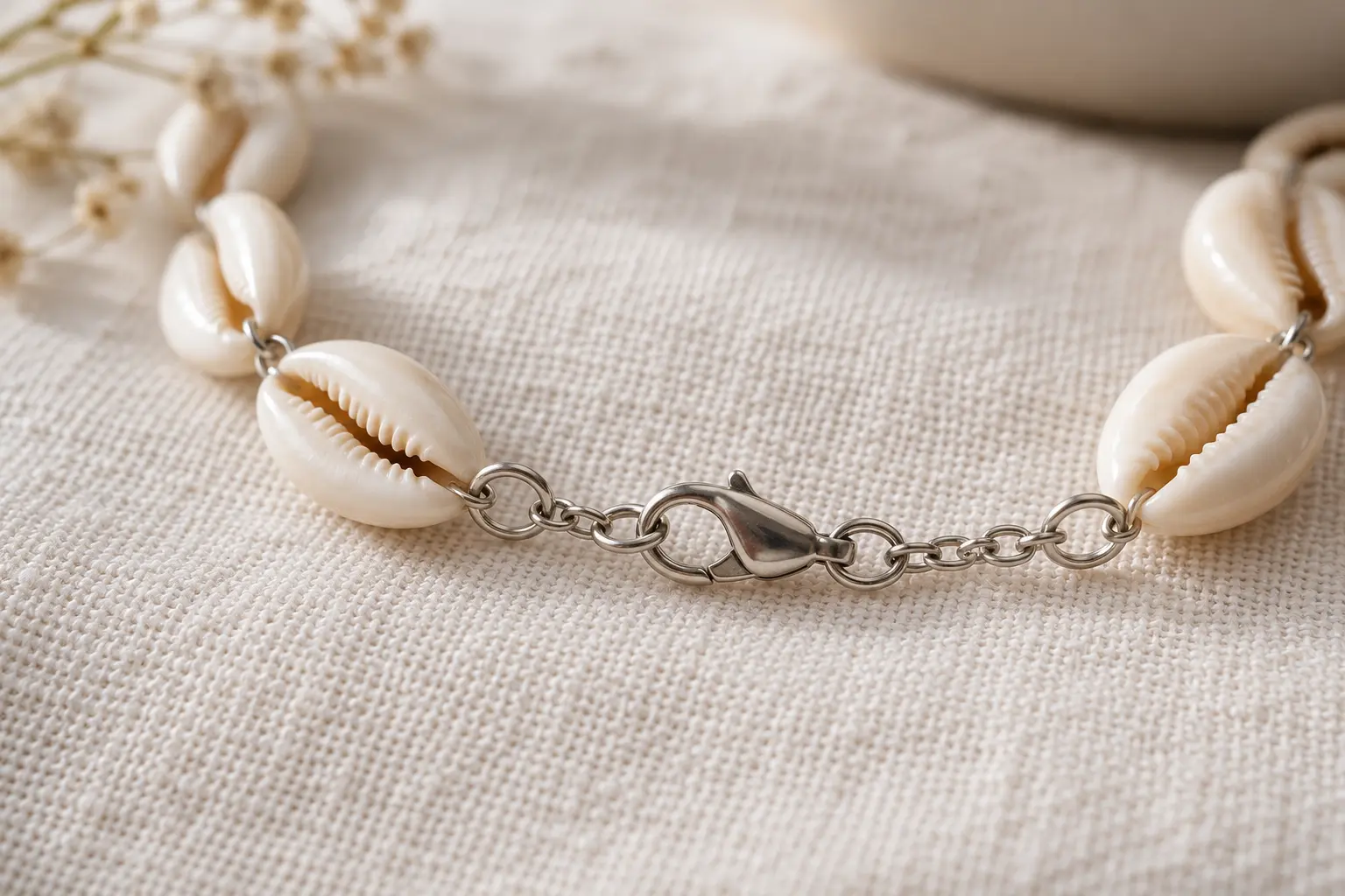 Mousqueton fermé et anneaux de jonction d’un collier de cauris posé sur un linge sec.