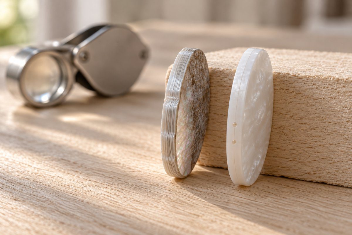 Tranche stratifiée d'une pastille de nacre et tranche homogène de résine nacrée