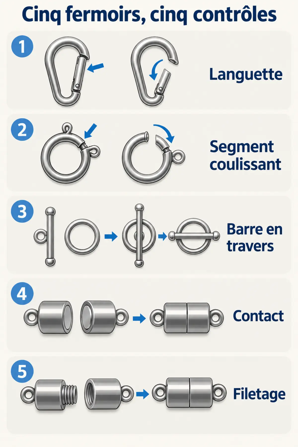 Cinq fermoirs avec leurs zones de contrôle : languette, segment coulissant, barre, surfaces aimantées et filetage.